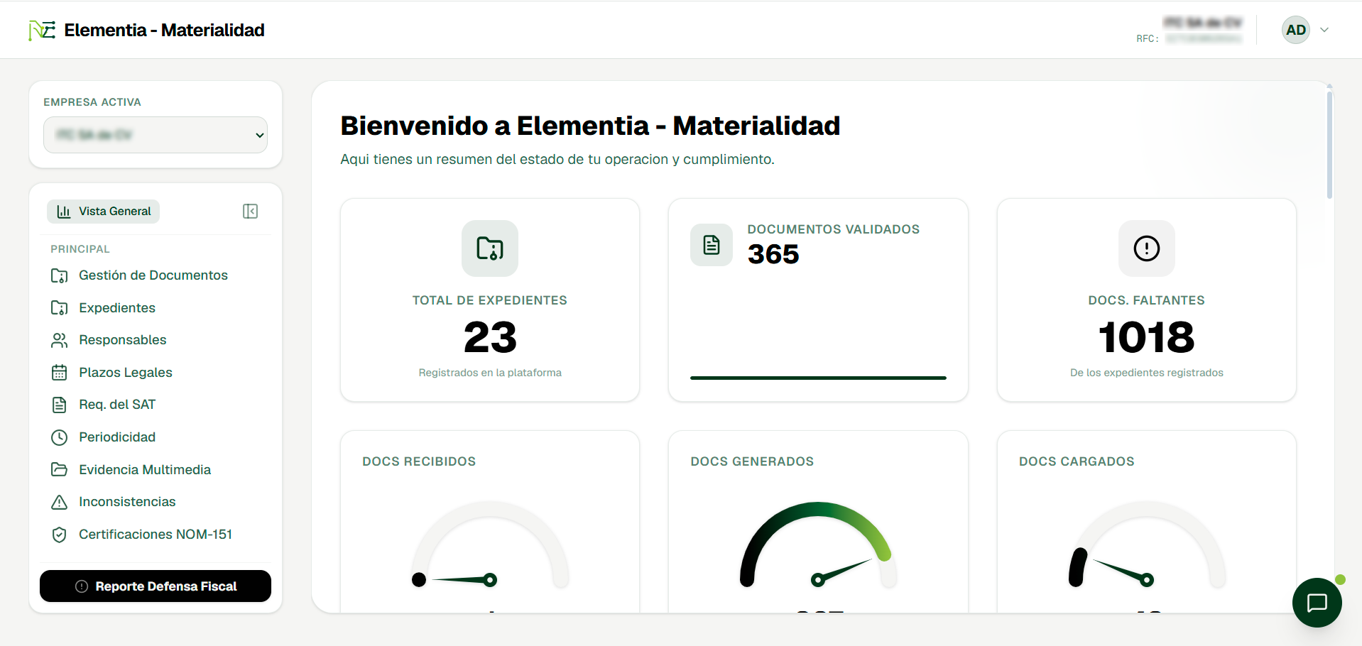 Dashboard Elementia Core · Vista general de expedientes