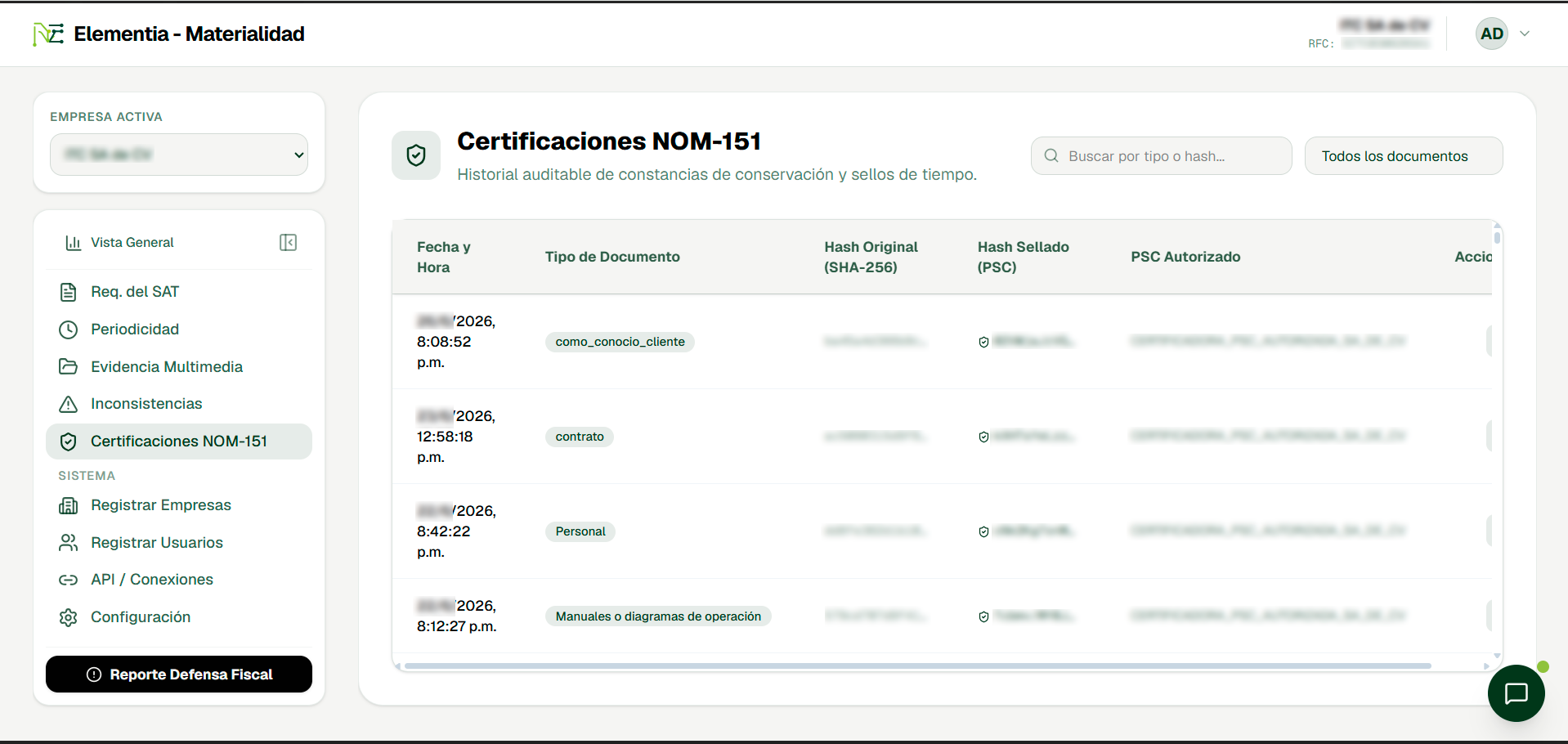 Certificación NOM-151 · Sello digital y conservación de evidencia